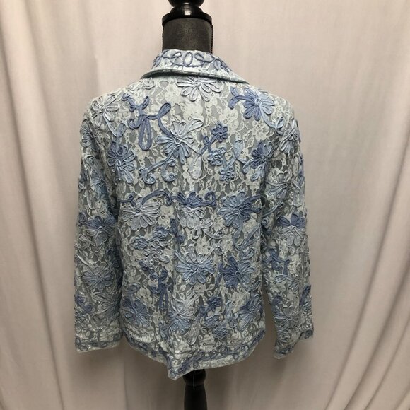 Coldwater Creek Jacket Womens Sz Medium Blue Lace Ribbon Flowers Open Blazer - Picture 4 of 7